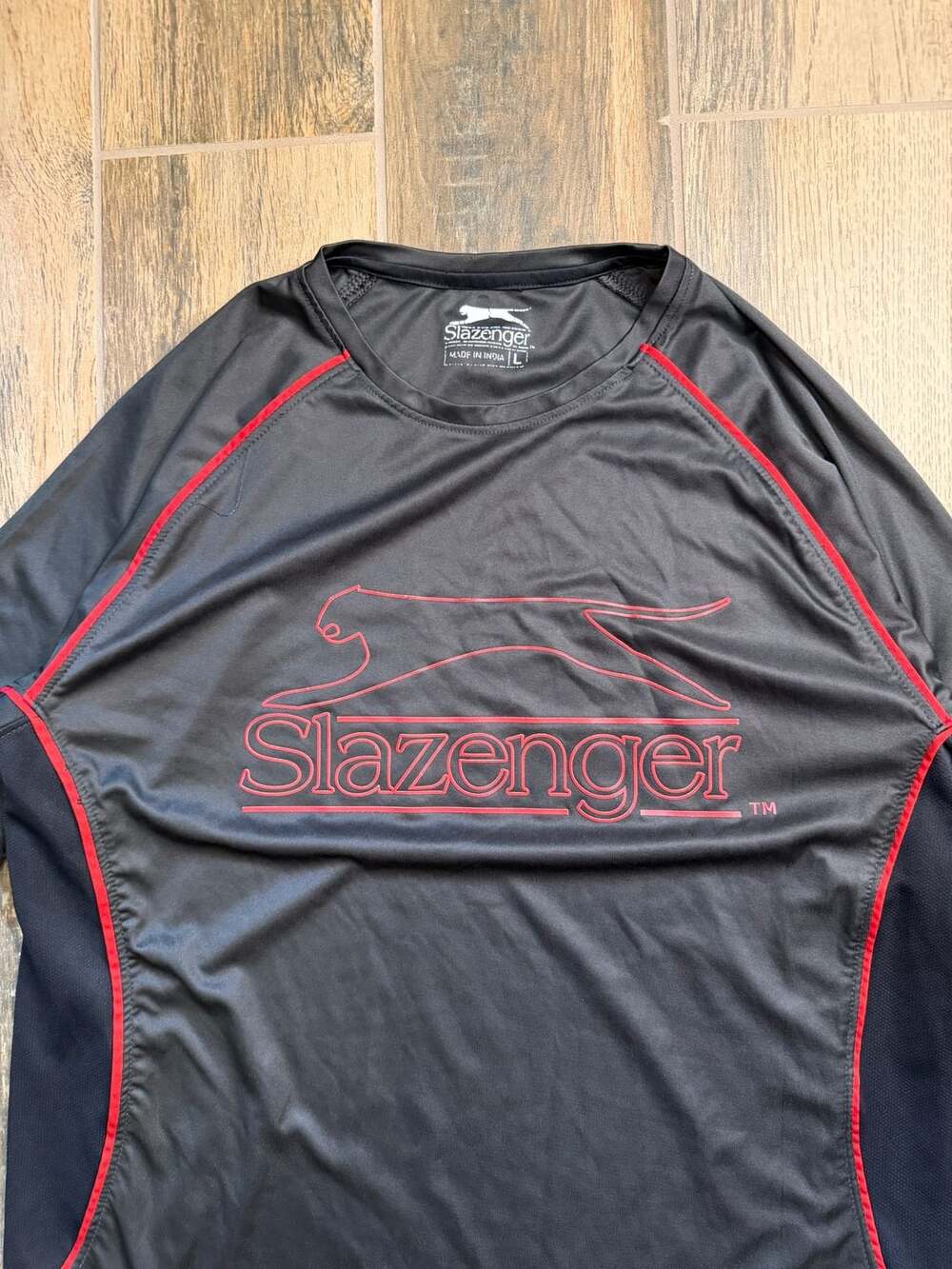 Vintage Slazenger Ultra-Dry T-Shirt Size L Black Red Logo Athletic